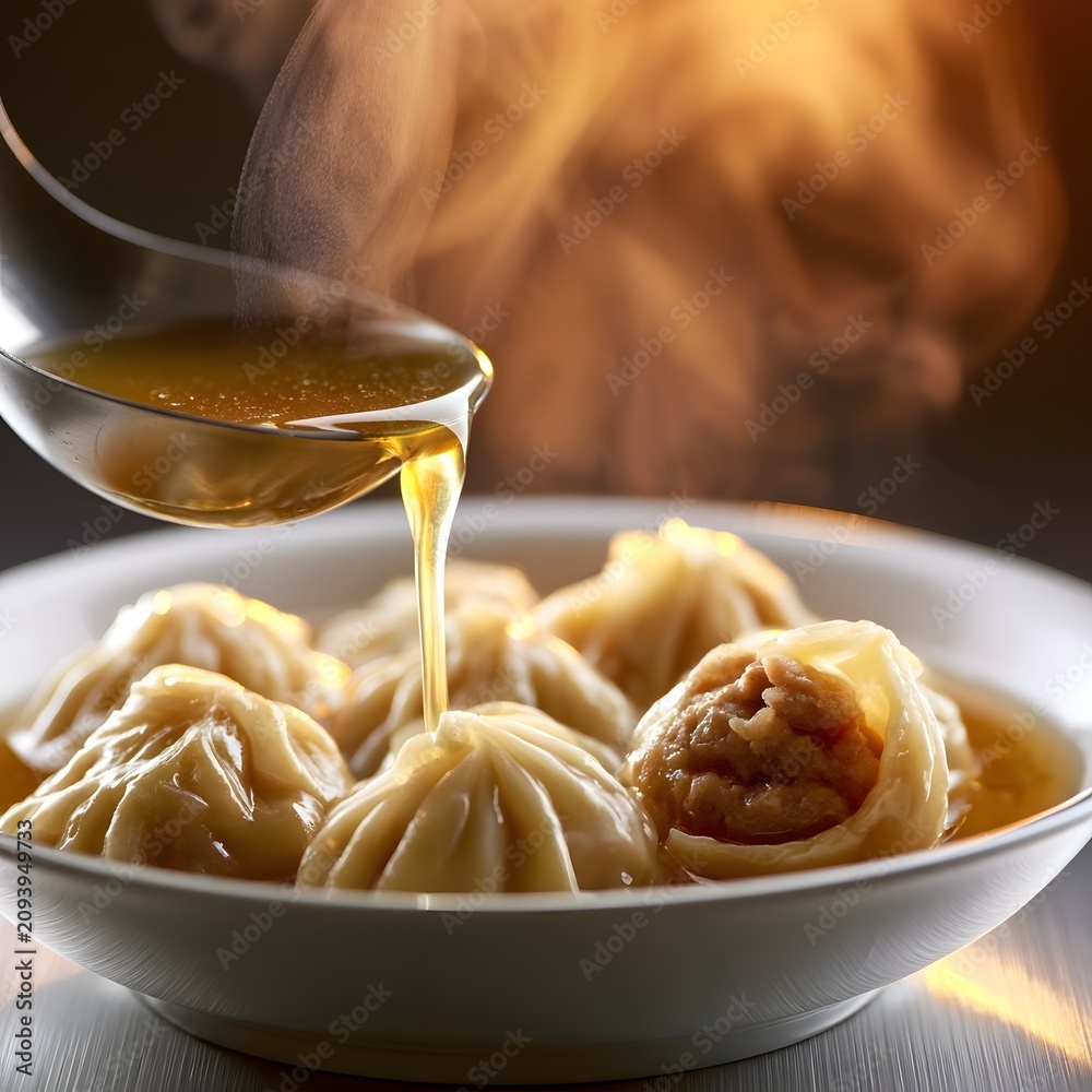 Fototapeta premium Ladle pouring golden broth over steamed dumplings with rising steam