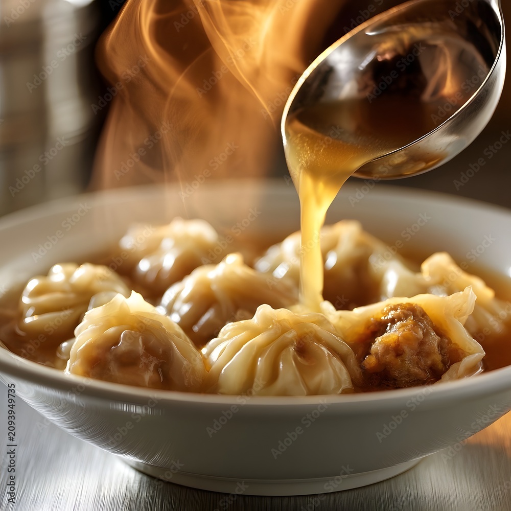 Fototapeta premium Steaming dumpling bowl with broth pour and split filling detail