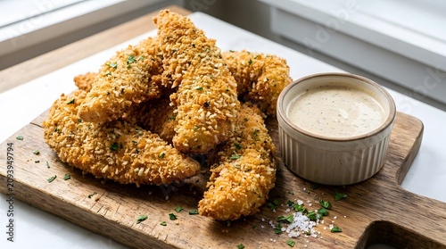 crispy golden fried chicken tenders with dipping sauce on rustic wooden board with salt and herbs.