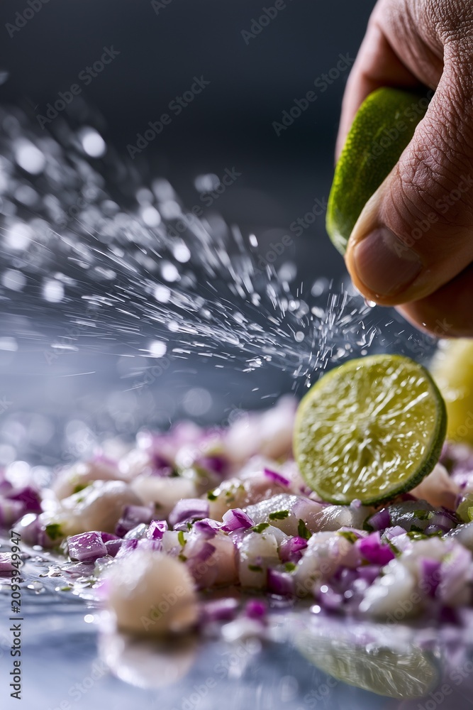 Fototapeta premium Chef's hand squeezing lime over ceviche in dramatic light