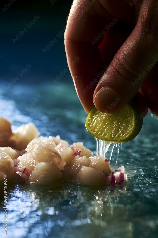 Fototapeta premium Hand squeezing lime over fresh diced sea bass ceviche