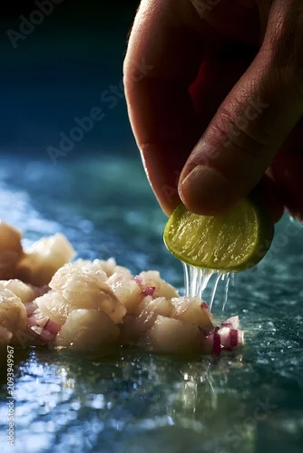 Obraz Hand squeezing lime over fresh diced sea bass ceviche