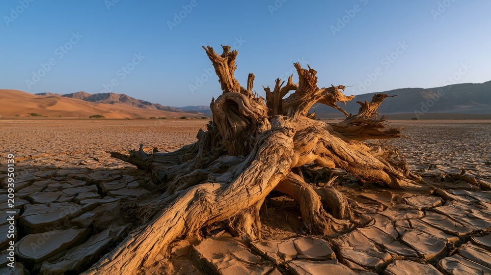 Fototapeta premium Bulbous acacia root in cracked mudflat at desert dusk