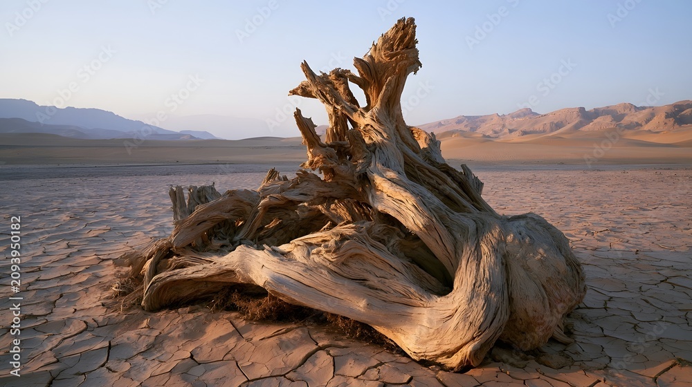 Fototapeta premium Gnarled acacia root dominating desert wadi at dusk