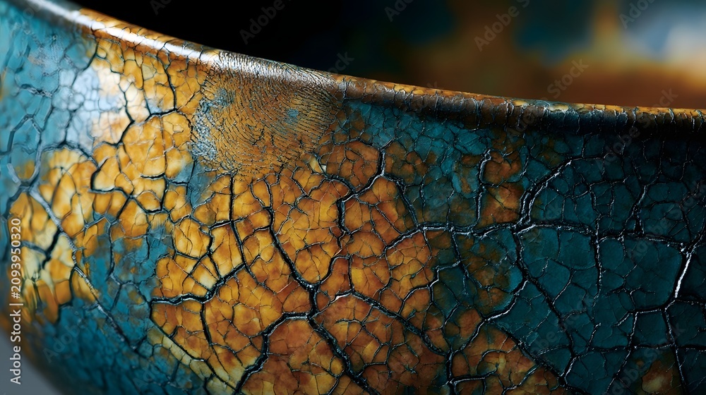 Fototapeta premium Crackled teal and amber ceramic glaze macro texture