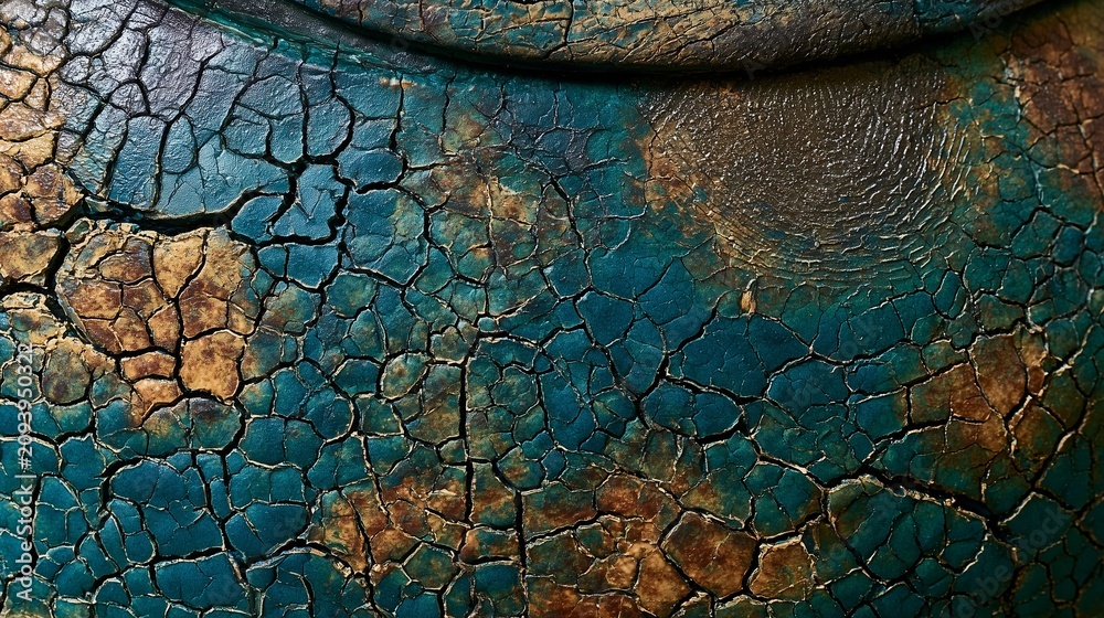 Fototapeta premium Amber and teal glaze crackle pattern in macro detail