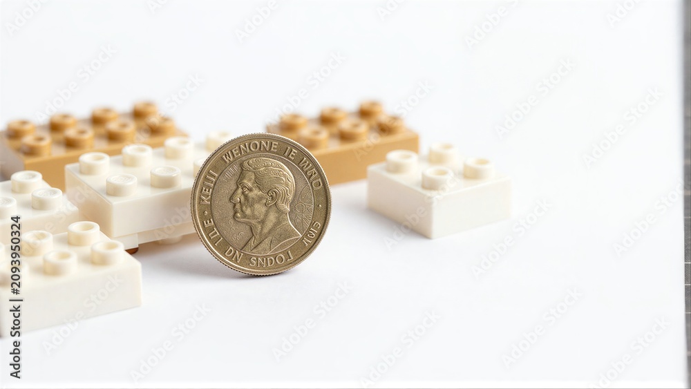 Fototapeta premium Legos and coins symbolize building wealth through play or investment.
