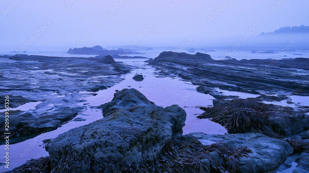 Fototapeta premium Coastal rock terraces with kelp at low tide, blue hour