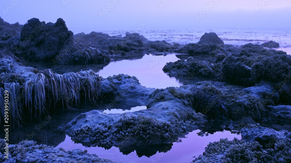 Fototapeta premium Narrow water trickle through volcanic tide pool rocks