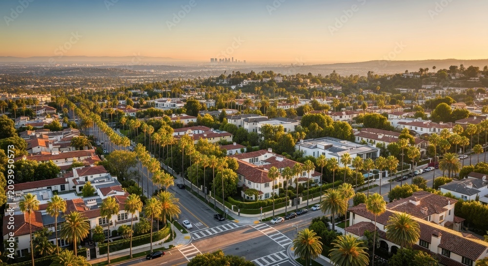 Fototapeta premium Aerial view of suburban neighborhood at golden hour.