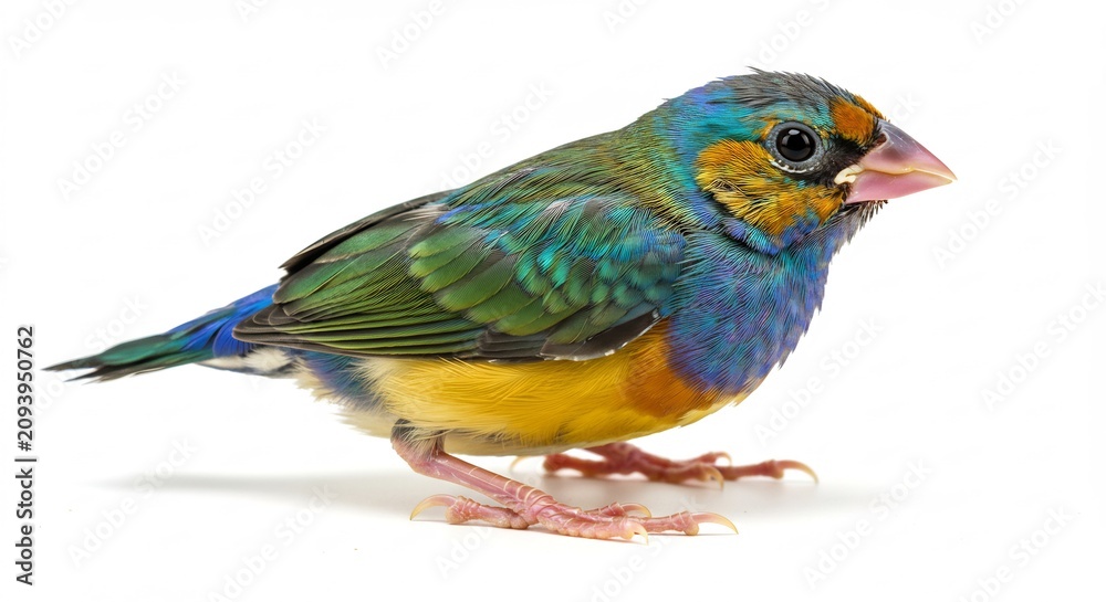 Fototapeta premium A small colorful bird displays its vibrant green blue yellow plumage against a bright clean white backdrop. AI Generated