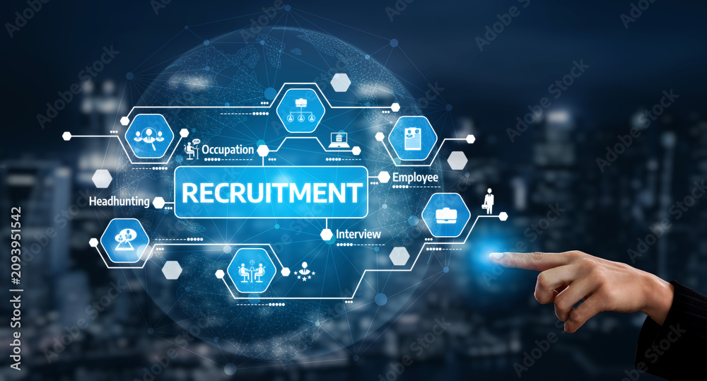 Fototapeta premium A modern digital concept illustrating the recruitment process, featuring technology icons and a hand pointing, symbolizing the synergy between hiring and innovation in business. Tessel