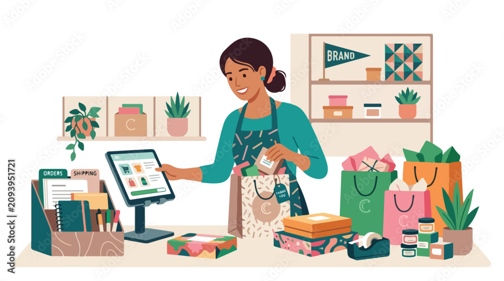 Fototapeta premium A smiling female small business owner is packing customer orders and managing sales on a digital tablet in her bright and organized shop.