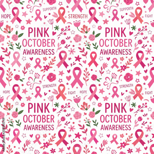 Pink October Awareness Seamless Pattern Breast Cancer Support vector illustration
