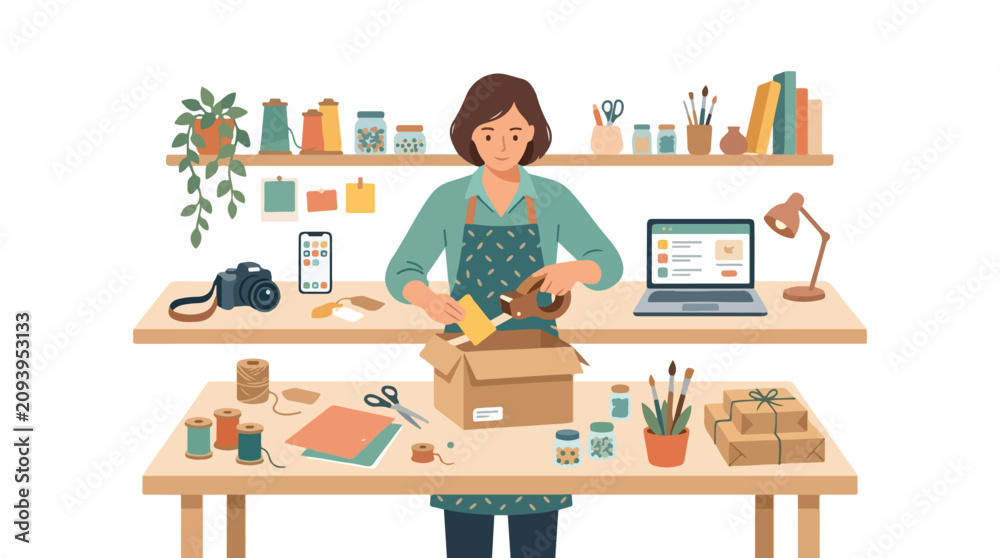 Fototapeta premium A woman entrepreneur packs a shipping box in her cozy home studio surrounded by craft supplies, a laptop, and a camera for her business.