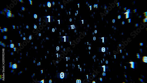 Abstract Digital Binary Code Stream Floating in Cyber Space Background with Glitch Effect