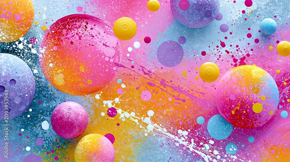 Obraz premium Dynamic modern abstract art with circles and sprays creating a lively visual experience on a colorful background Generative AI
