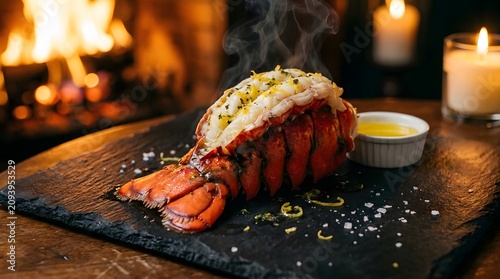 Grilled lobster tail served with clarified butter on slate board near fireplace.