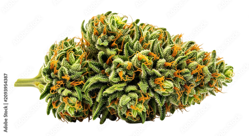 Obraz premium Cannabis bud with orange pistils and frosty trichomes detailed close up on transparent background marijuana weed plant flora
