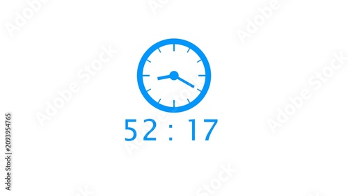 Foto Blue clock shows time elapsed fifty two minutes and seventeen seconds on white background