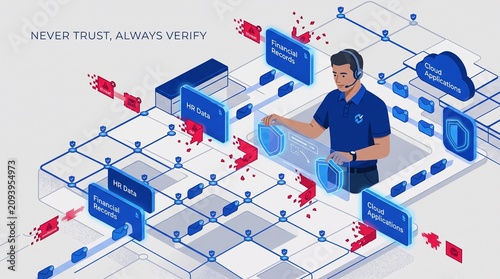Obraz w ramie Cybersecurity professional securing micro segmented network infrastructure with cloud with cloud applications against cyber threats using advanced security protocols