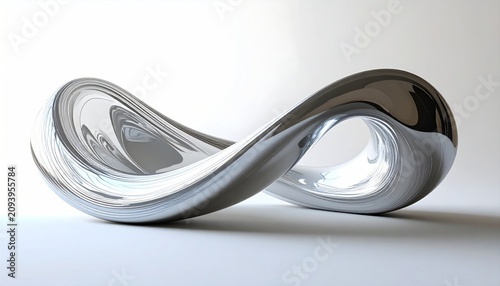 A glossy, abstract sculpture of an infinity symbol in metallic silver against a white backdrop
