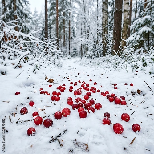 Winter forest scene with red berries and snow.