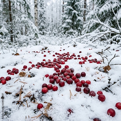 Red berries on snowy pine tree branch winter.