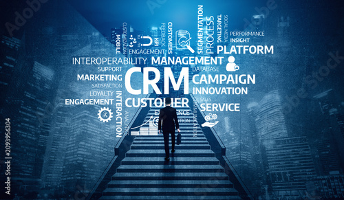 Canvas Print A business professional stands on stairs immersed in words related to customer relationship management, representing innovation, service, and marketing strategy