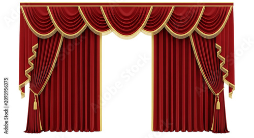 Red stage curtains with gold trim and tassels are displayed against a black background draperies fabric crimson scarlet yellow