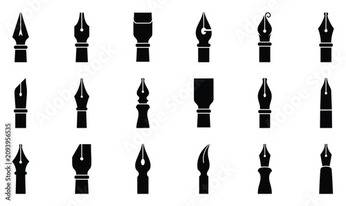 Φωτογραφία Fountain pen nib vector icon set featuring vintage calligraphy tips, classic ink pen nibs, antique writing instruments, ornamental quill points and elegant stationery tools for design