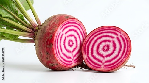Freshly sliced pink radish on wooden board.