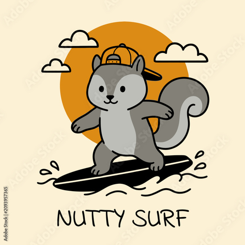 Billede på lærred Cartoon Squirrel Riding Surfboard Outdoors.