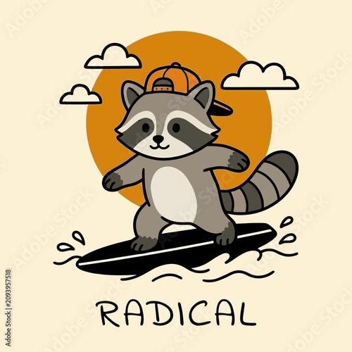 Photography Raccoon wearing hat surfing on board.