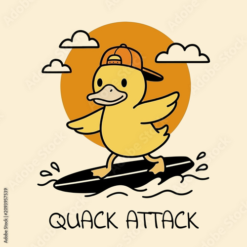 Fotografie Smiling Duck Wearing Baseball Cap Surfing.