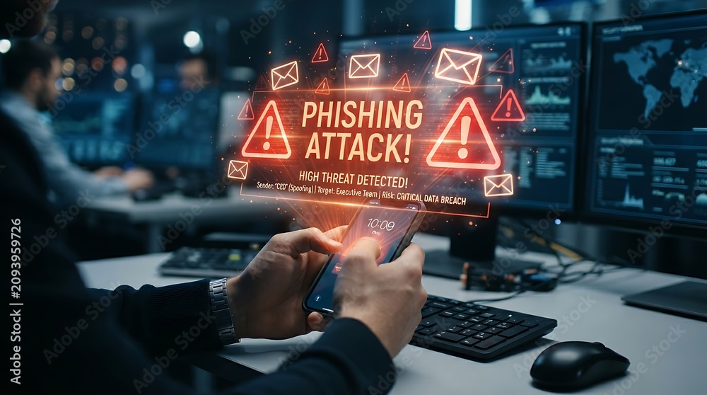 Fototapeta premium IT professional facing holographic phishing attack warning on smartphone with email threat and cybersecurity risk icons.