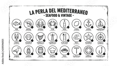 Fotografie La Perla del Mediterraneo seafood and vintage icons  various seafood and kitchen