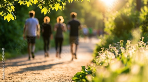Jogging and running group of friends doing fitness exercise in a sunny green park