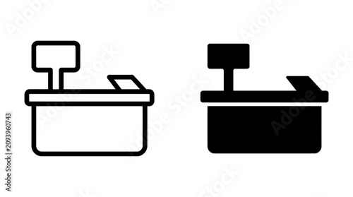 Set of two checkout counter icons in outline and solid styles for retail design.