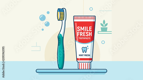Принти на полотні Toothbrush and toothpaste tube stand on a bathroom shelf to promote daily oral hygiene and dental care