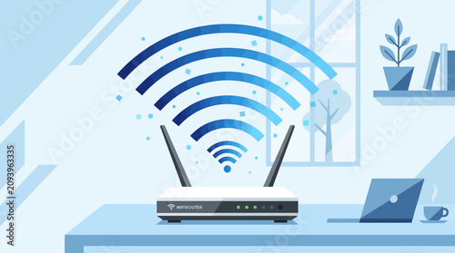 Foto Wifi router emits a strong wireless internet signal to provide connectivity for devices in a modern home office setup