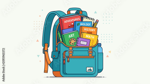 Cuadro en lienzo School backpack containing various academic textbooks and notebooks represents a return to learning and education