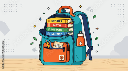 Foto Backpack filled with academic textbooks sits ready for a student to begin the new school year