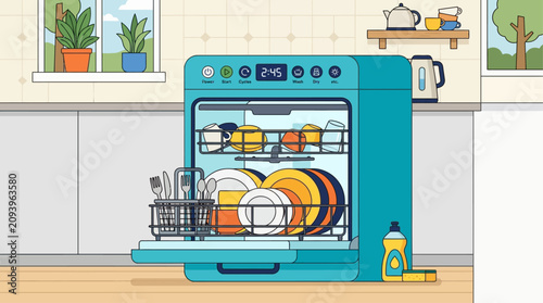 Photos Dishwasher filled with colorful plates and silverware stands in a modern kitchen setting ready for cleaning cycle