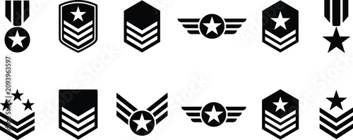 Photos Military Rank Insignia and Service Medal Flat Vector Icon Collection Featuring A