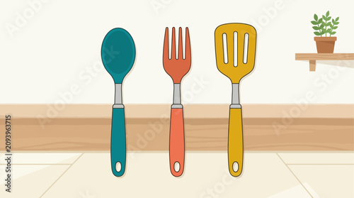 Photos Kitchen utensils including a spoon, fork, and spatula sit on a shelf in a clean home environment