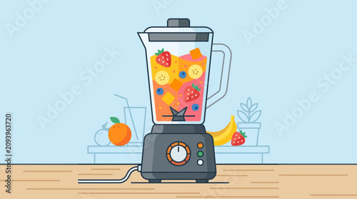 Photos Blender filled with fresh colorful fruit stands on a kitchen counter to prepare a healthy smoothie