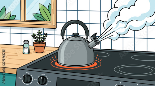 Obraz na plátne Teakettle sits on a stovetop emitting steam while resting on a kitchen counter in a home interior