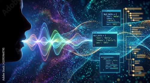Voice Recognition Technology: A silhouette of a person's profile emitting a vibrant soundwave that transforms into digital data.
