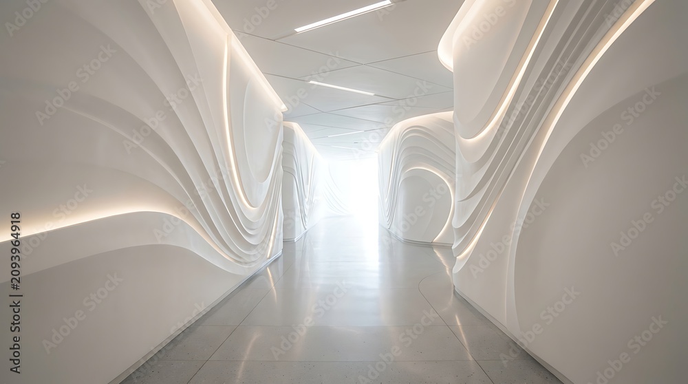 Fototapeta premium A futuristic white hallway with undulating walls and integrated lighting leading to a bright exit.